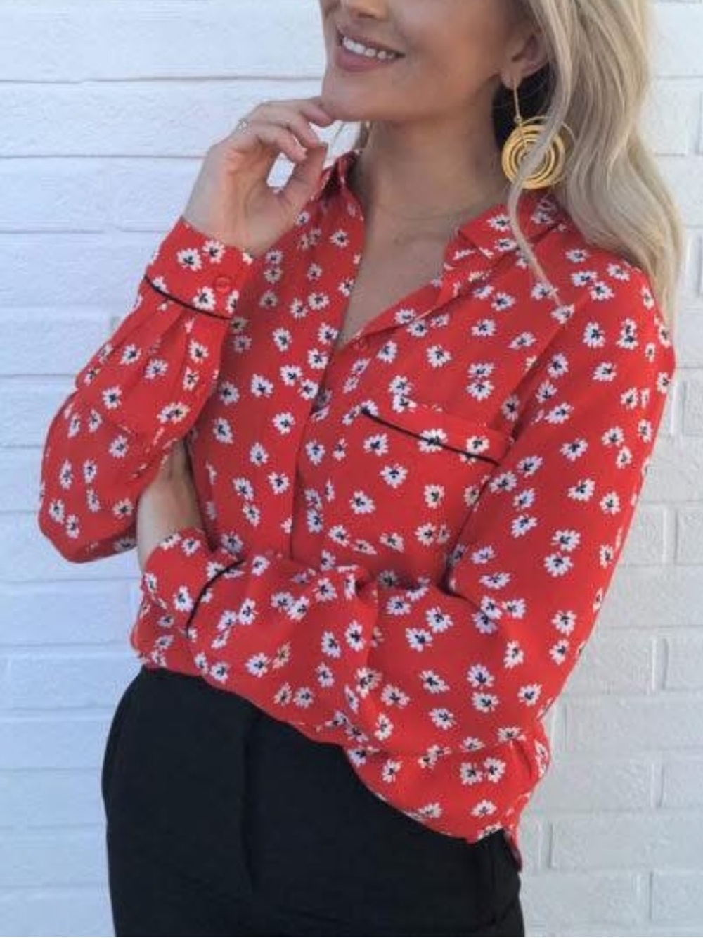 Ganni Big Apple Red Floral Silvery Crepe Long Sleeve Button Down Top Shirt 6